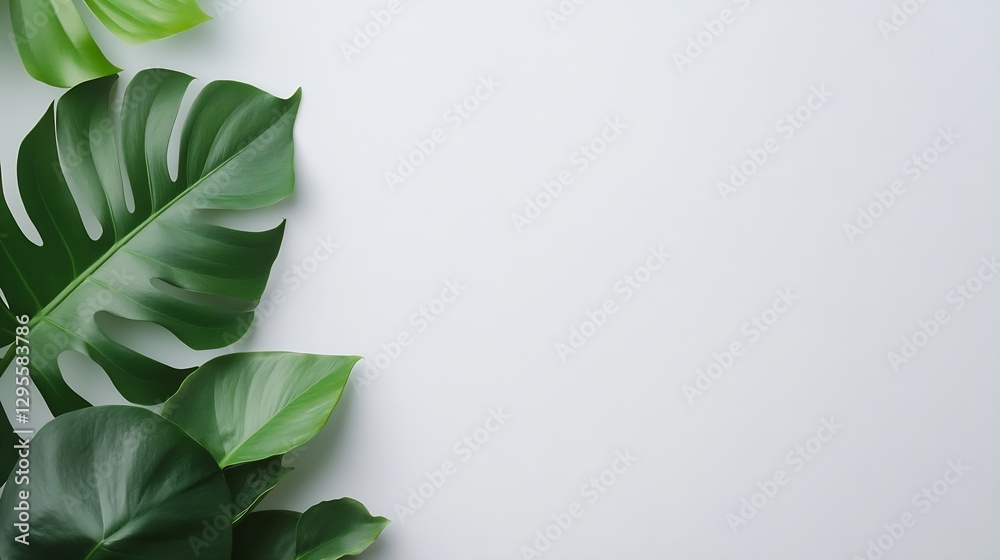 Poster fresh green leaves of various tropical plants arranged artistically on a minimalistic background : g