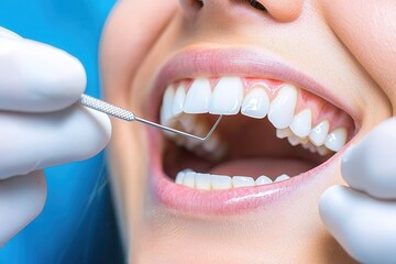Fototapeta premium Oral care gum protection essential. Dental checkup with close-up of clean white teeth and dental tools.