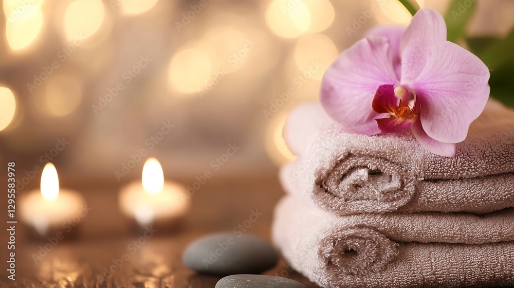 Poster wellness spa setup with soft towels and beautiful orchid flower for relaxation : generative ai