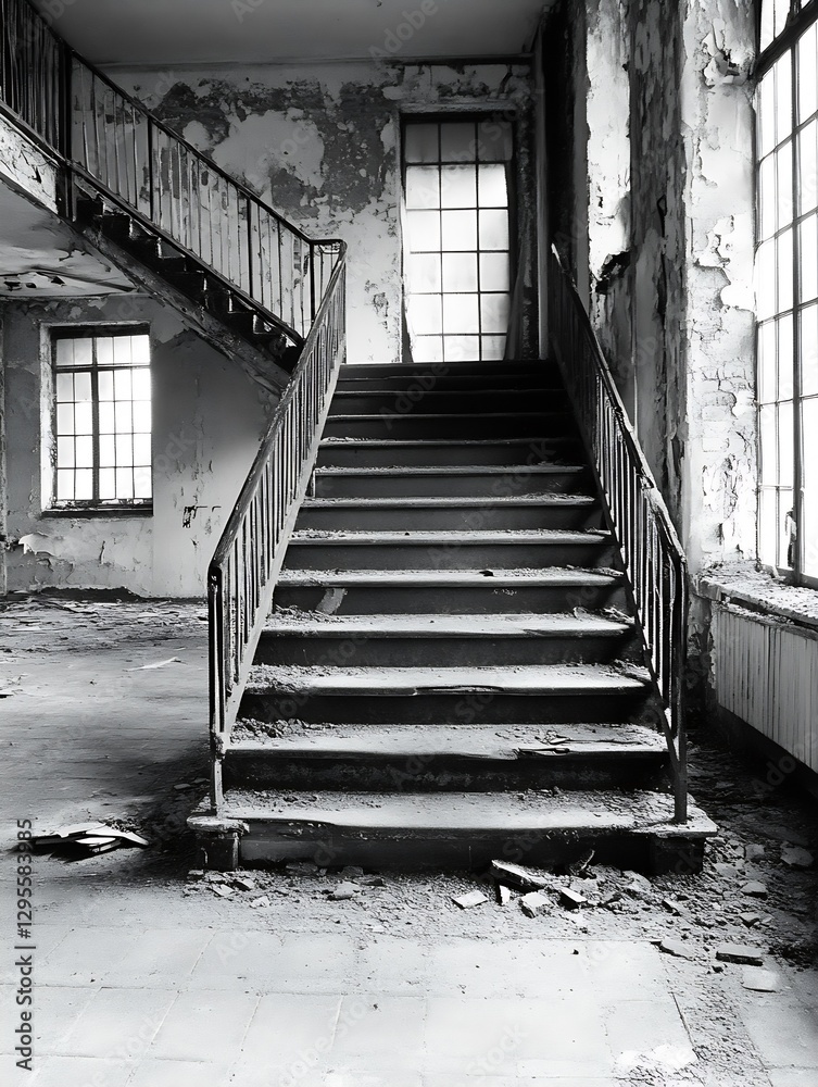 Aufkleber Abandoned and Dusty Staircase in an Old Building with Worn Out Steps and Walls : Generative AI