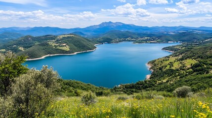 Scenic view of a tranquil lake surrounded by lush green hills under a bright blue sky : Generative AI