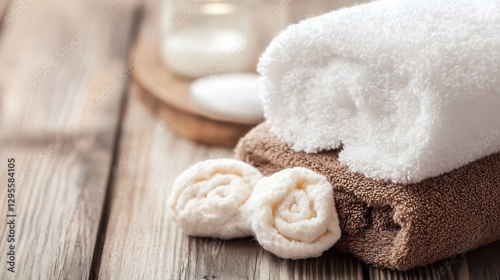 Aufkleber spa essentials fresh white towels lavished on rustic wooden surface for relaxation and calm : genera