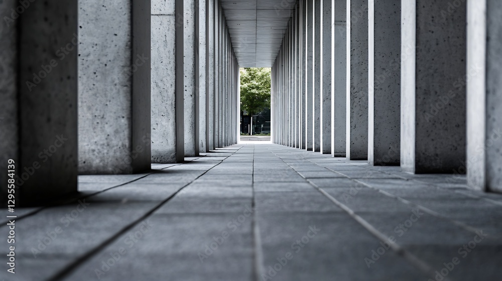 Poster modern architectural perspective of concrete columns leading into green courtyard : generative ai