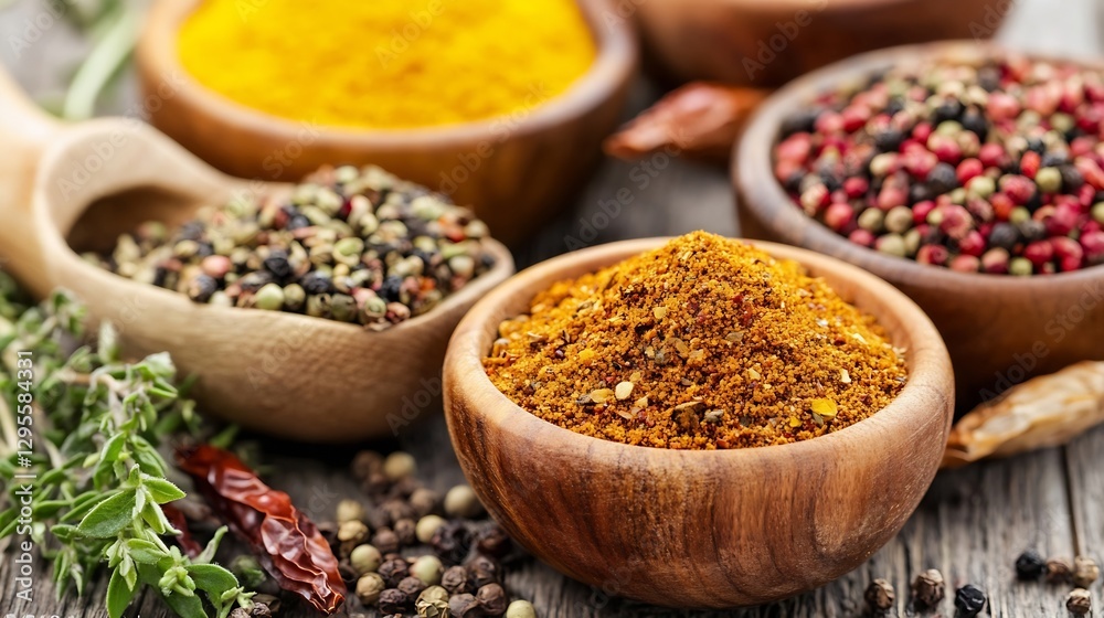 Poster a colorful display of various spices in wooden bowls creating a vibrant kitchen scene : generative a