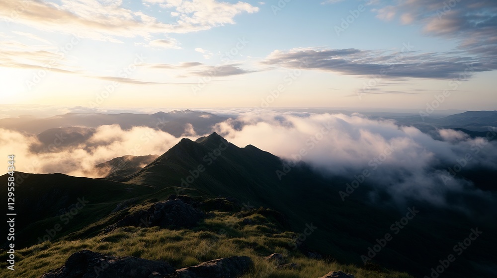 Poster gorgeous panoramic view of distant mountains and clouds during a golden sunrise illuminating the sky
