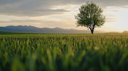 Solitary tree standing on lush green field with distant mountains and soft evening light at sunset : Generative AI