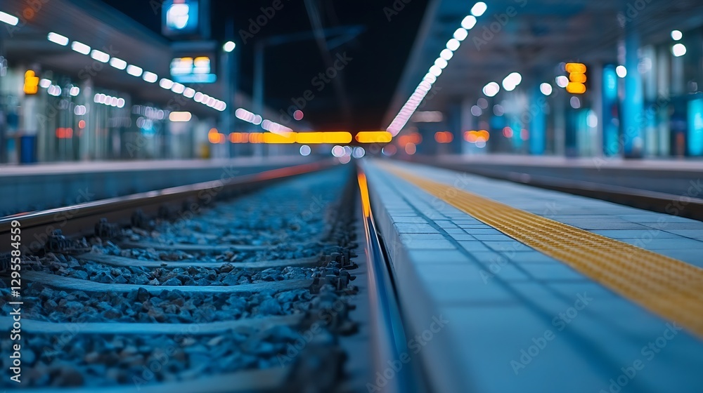 Aufkleber Nighttime View of Train Station Platforms with Illuminated Tracks and Dynamic Urban Atmosphere : Generative AI