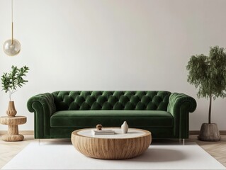 Obraz premium 3D render of a green velvet sofa in a modern living room with a white background 