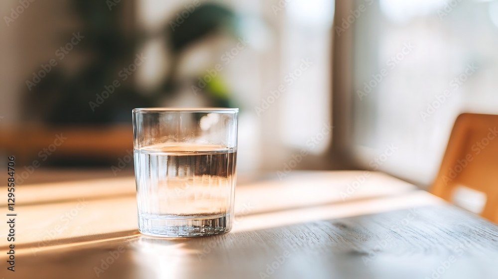 Poster glass of clear water resting on a wooden table illuminated by soft natural light : generative ai