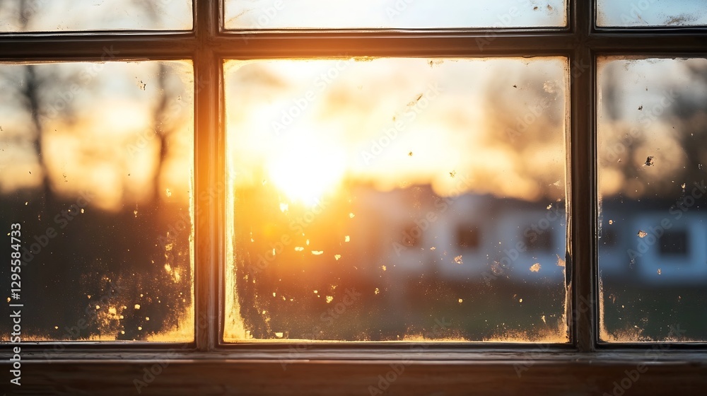 Poster Sunset Behind a Dirty Window Creating a Warm and Nostalgic Atmosphere : Generative AI