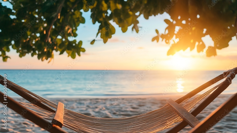 Aufkleber scenic sunset over a beach with hammock surrounded by nature : generative ai