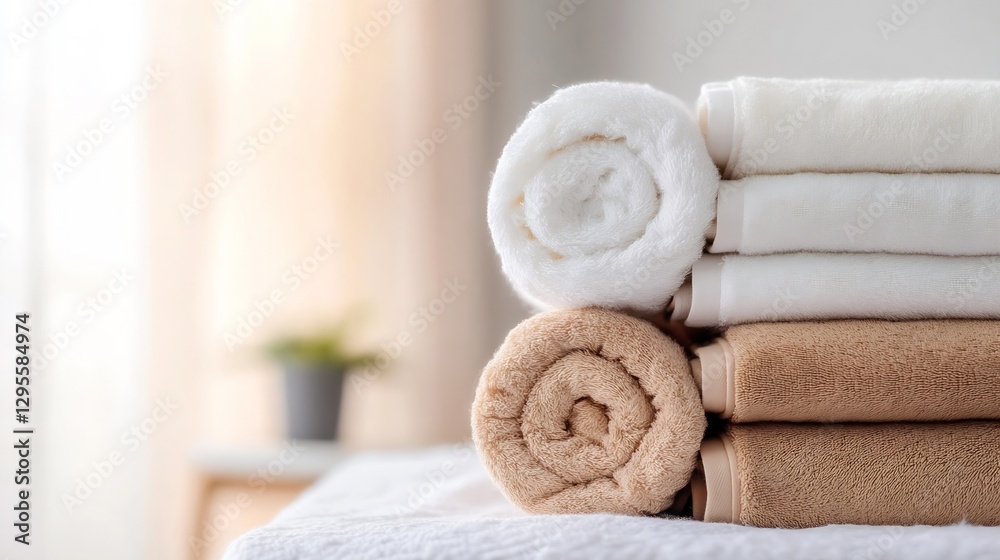 Poster stacked soft towels on bed with natural daylight : generative ai