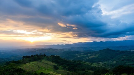 Fototapeta premium Stunning Sunset Over Rolling Hills with Dramatic Clouds and Vibrant Colors : Generative AI