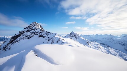 Majestic snow capped mountain peak under blue sky with fluffy clouds : Generative AI