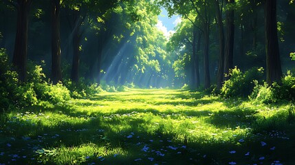 Sunlit forest path, green meadow, summer day, background trees, nature scene