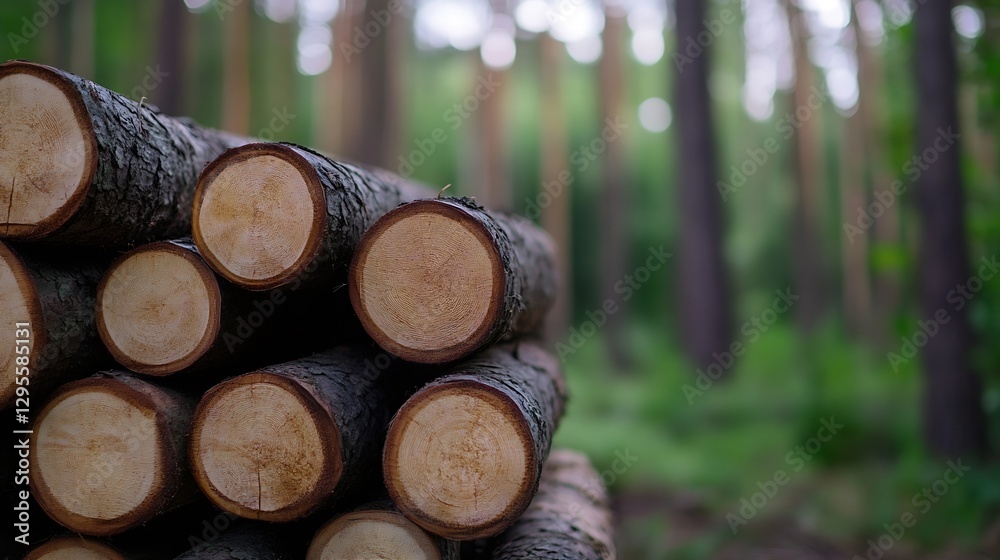 Poster a close up view of freshly cut wood logs stacked in a forest setting surrounded by greenery : genera