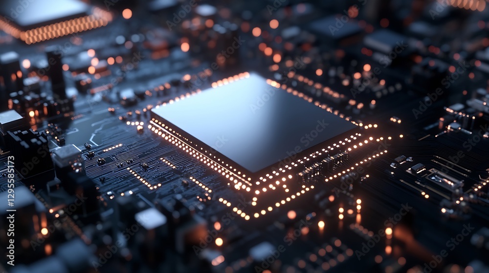 Aufkleber High Tech Microchip Circuit Board with Glowing Lights and Data Connections : Generative AI