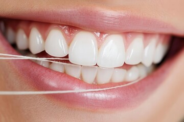 Oral care gum protection essential. Smiling person using dental floss to clean teeth.
