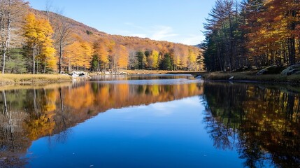 Fototapeta premium Calm autumn lake reflecting vibrant fall colors with trees surrounding the peaceful waters : Generative AI