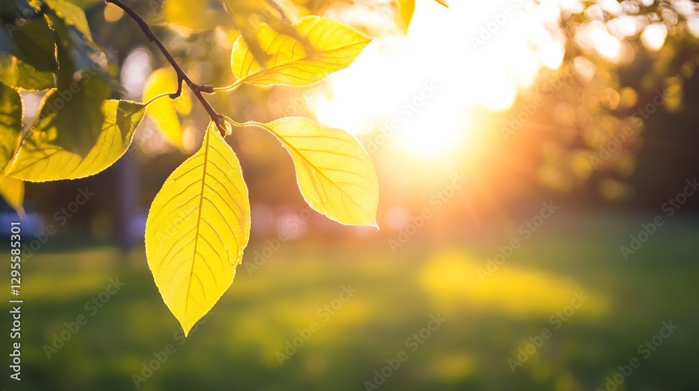 Poster sunlit green leaves against a beautiful background of nature and serenity : generative ai