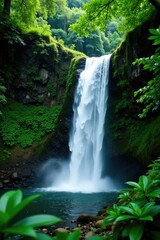 Lush foliage surrounds the upper waterfall of Juan Diego Falls in El Yungle National Forest, el yunque, jungle