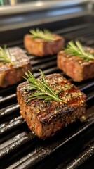 Delicious grilled filet mignon steaks with fresh rosemary sprigs on a black grill cooking for a gourmet meal preparation in a home kitchen