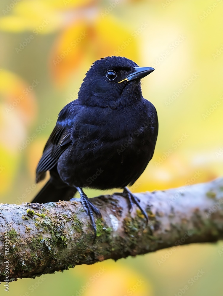 Poster a closeup of a black bird perched on a branch showcasing its glossy feathers and bright eye in a vib