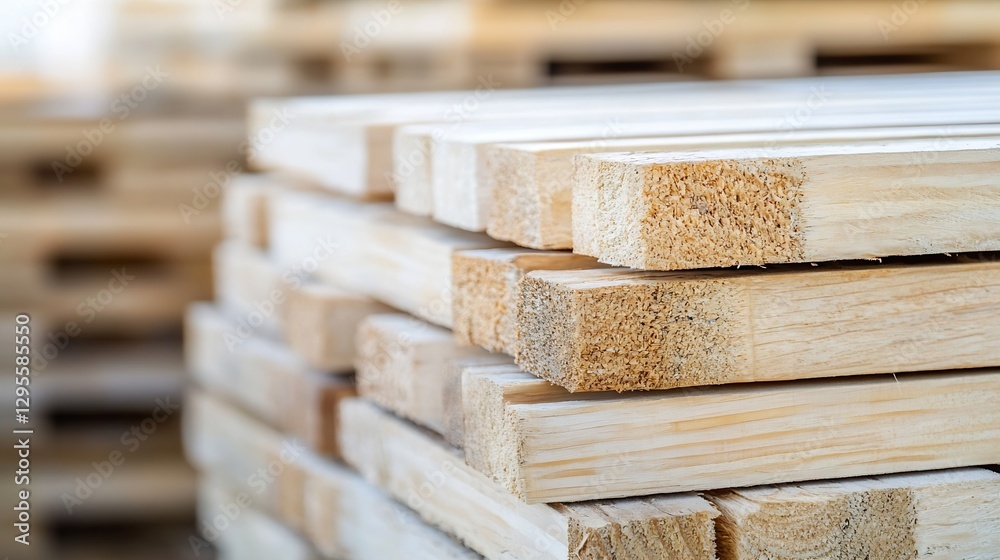 Poster a stack of wooden planks showing the natural texture and color of the wood ready for construction : 