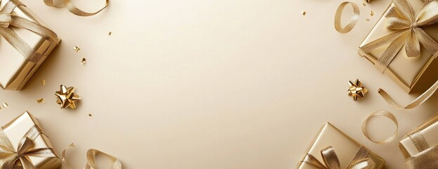 Fototapeta premium Gold Gift Boxes on Beige Background (2)