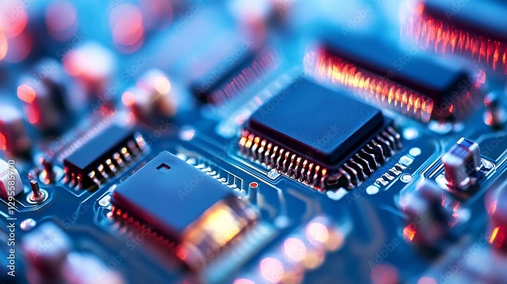 Poster Close Up of Modern Microchip Circuit Board with LED Lights : Generative AI