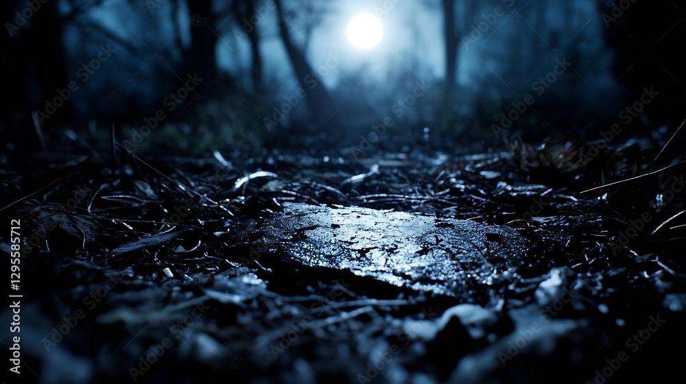 Poster Mysterious Forest Path Lit by Moonlight Amidst Twisted Trees and Dark Shadows : Generative AI