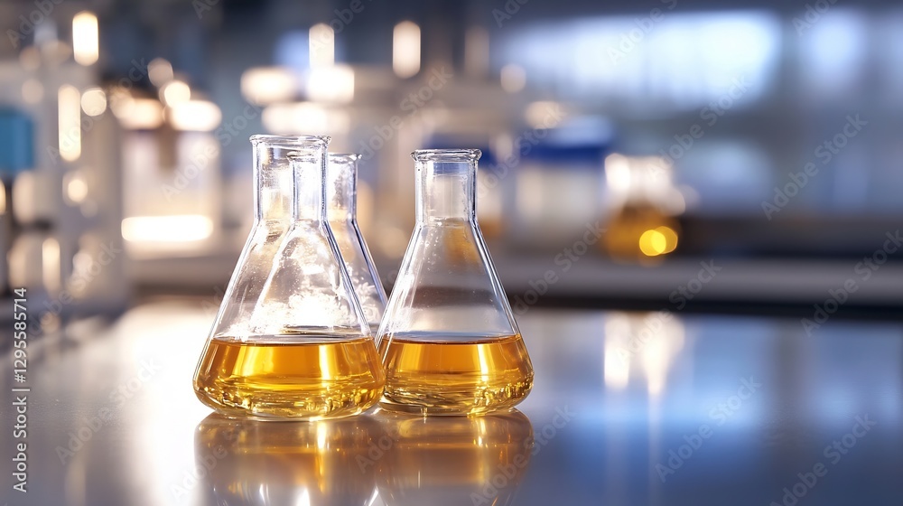 Poster Laboratory scene with glass flasks containing vibrant liquid substances reflecting light and science : Generative AI