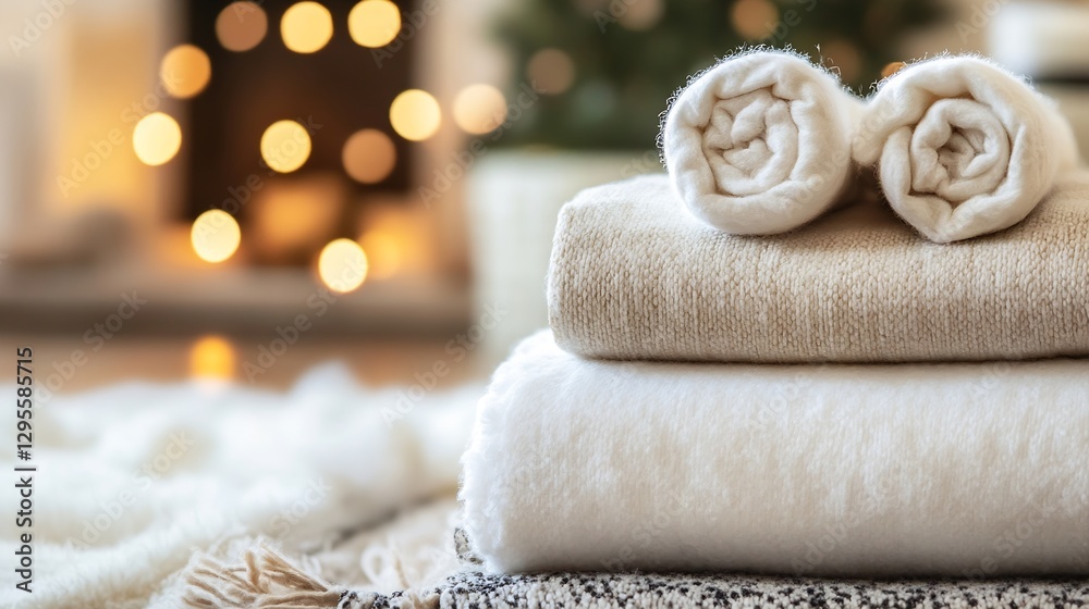 Aufkleber Cozy Rolls of Soft Blankets Stacked on a Floor with Warm Bokeh Lights : Generative AI