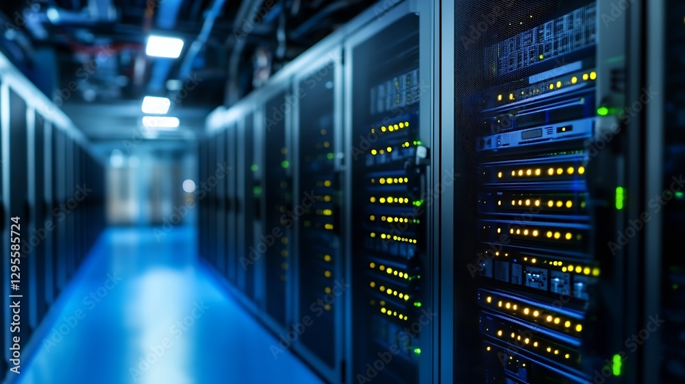 Poster Modern Data Center Technology Server Room with Network Equipment and Server Racks : Generative AI