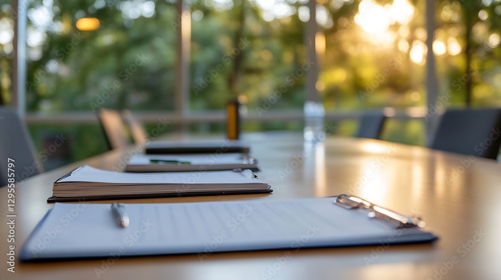Poster professional conference room table setup with documents and natural lighting : generative ai