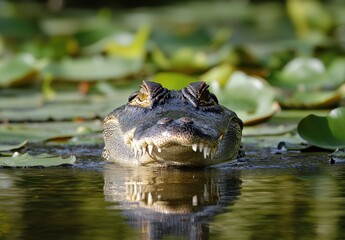 Fototapeta premium Close-Up of a Crocodile Emerging from Water Surrounded by Lily Pads, Showing Sharp Teeth and Watchful Eyes in Natural Habitat