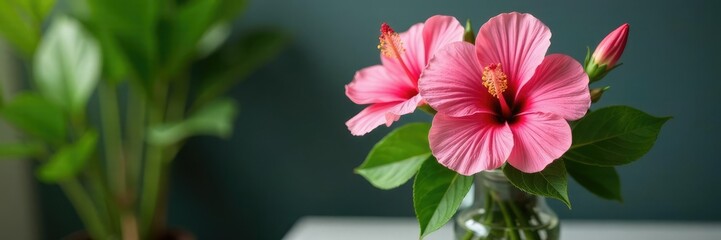 Pink hibiscus flowers in a vase with fresh greenery, decorative, nature