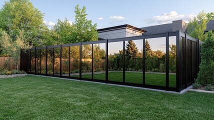 Fototapeta premium Luxury modern fence with reflective glass panels enhancing a green yard