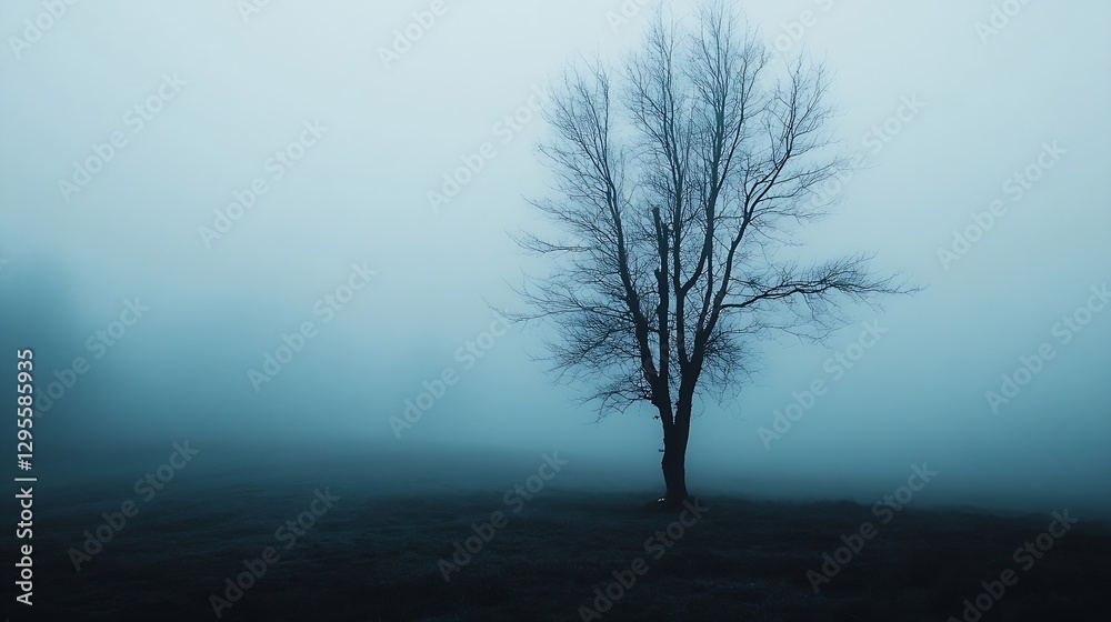 Poster Mysterious Foggy Landscape with Solitary Bare Tree in a Misty Field : Generative AI