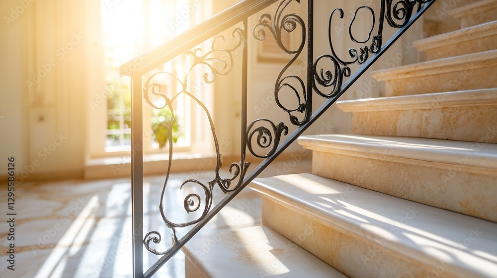 Poster elegant staircase with decorative railing and warm sunlight streaming in : generative ai
