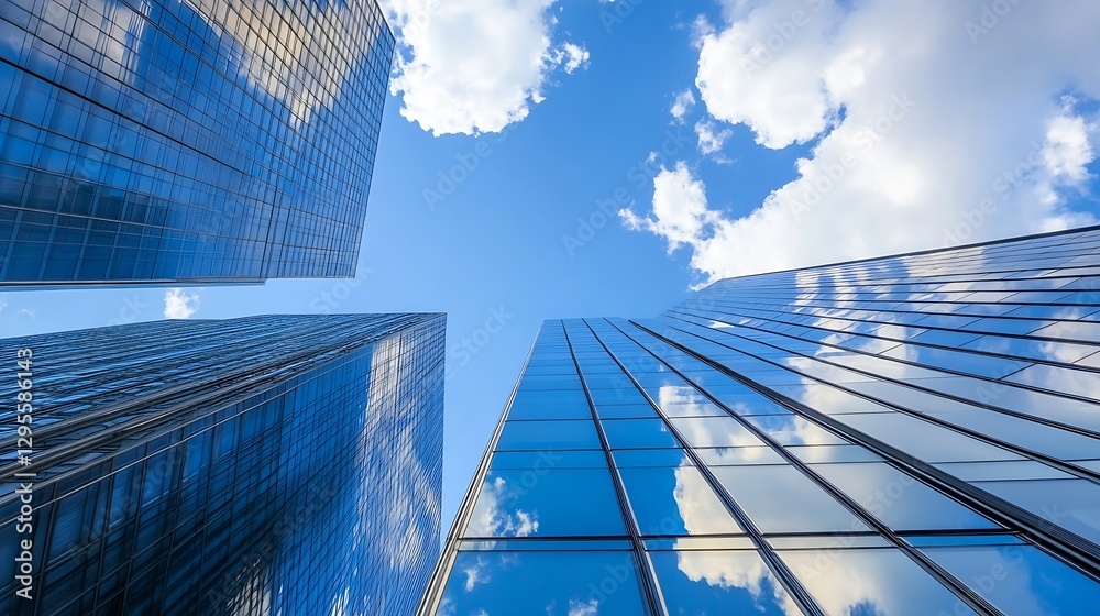 Poster looking up at the skyscrapers reflecting clouds under a bright blue sky showcasing urban architectur