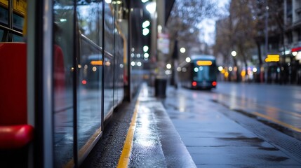 Obraz premium Rainy City Street with Bus Stop and Reflections on Wet Surface : Generative AI