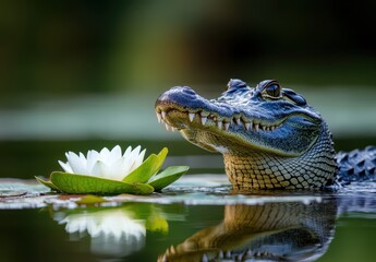 Obraz premium Close-Up of a Crocodile Head Emerging from Water with a White Water Lily in the Foreground, Capturing Nature's Beauty and Wildlife Diversity