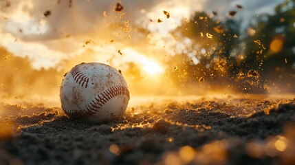 Dirty baseball on dusty field at sunset; dust and dirt particles flying.