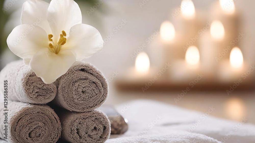 Poster Relaxing Spa Atmosphere with Soft Towels and Elegant Flower in a Serene Setting : Generative AI