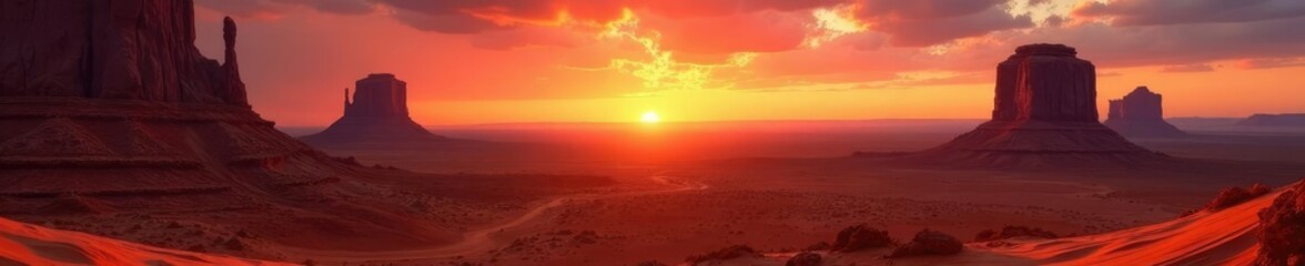 Obraz premium Sunset over vast orange desert landscape with twisted rock formations, natural wonders, twilight