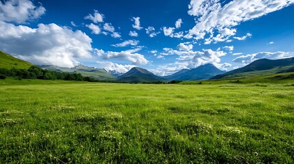 Fototapeta premium Expansive scenic view of a vast green meadow under a bright blue sky with fluffy clouds : Generative AI