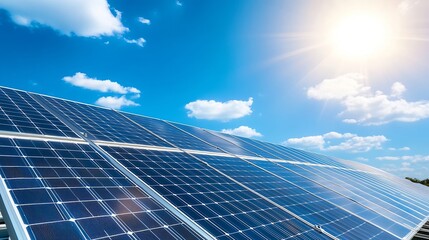 Clean energy solution showcasing solar panels capturing sunlight on a bright sunny day in a clear blue sky : Generative AI