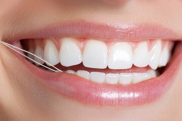 Obraz premium Oral care gum protection essential. Close-up of a smiling mouth using dental floss for oral hygiene.