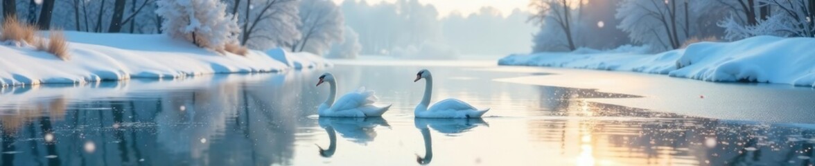 Obraz premium Swans on the frozen river in a winter wonderland, swans, landscape, rivers